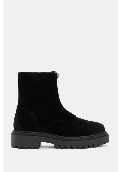Ziva Kadın Siyah Süet Deri Fermuarlı Bot