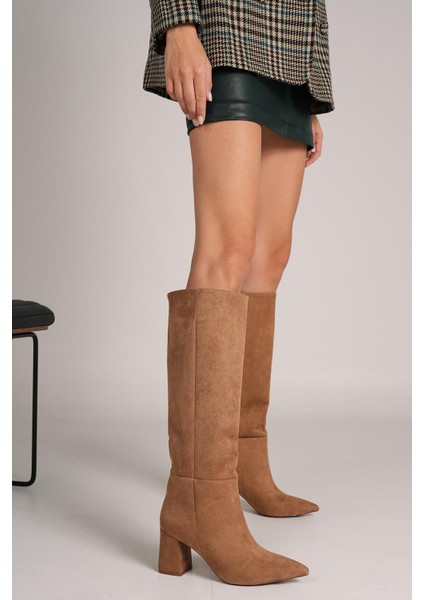Lopez Kadın Camel Sivri Burun Kalın Topuklu Çizme modelleri