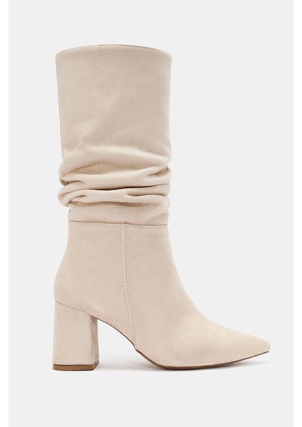 Luna Kadın Bej Sivri Burun Kalın Topuklu Çizme