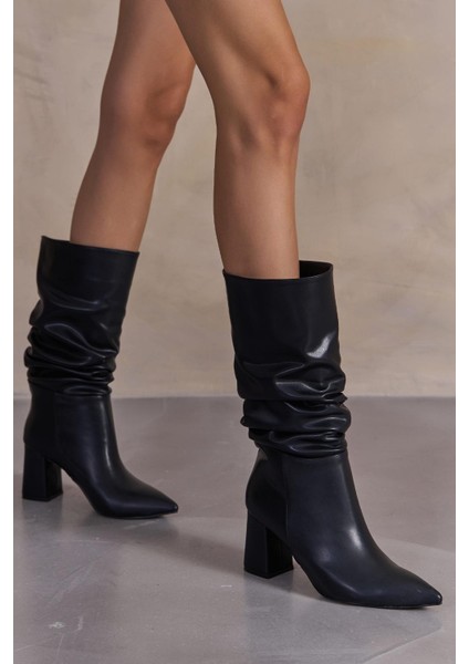 Luna Kadın Siyah Cilt Sivri Burun Kalın Topuklu Çizme modelleri
