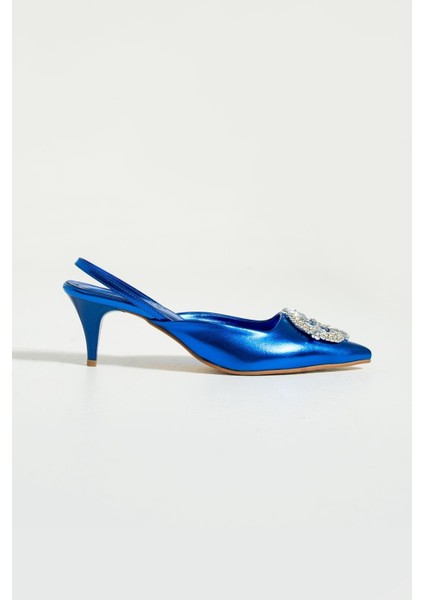 Party Kadın Metalik Mavi Taşlı Topuklu Ayakkabı