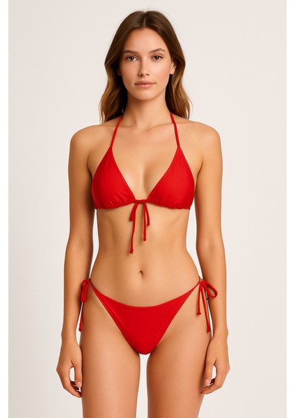 Kırmızı Düz Renk Üçgen Bikini Takımı 2 Parça