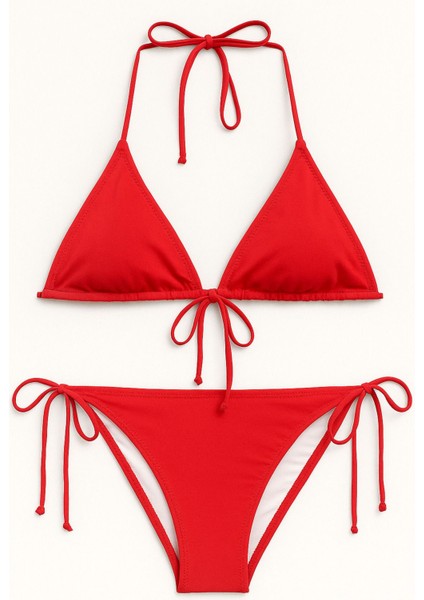 Kırmızı Düz Renk Üçgen Bikini Takımı 2 Parça fiyatları