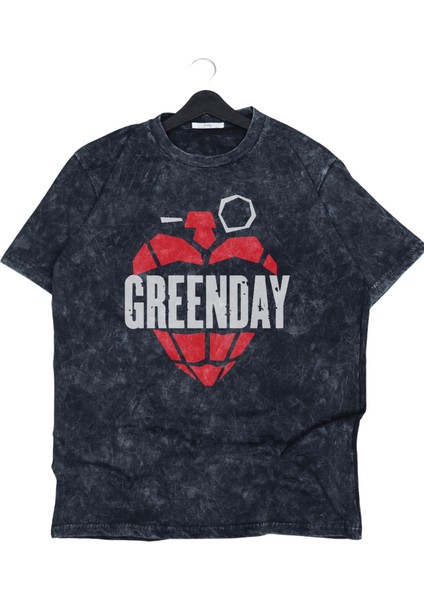 Unisex Greenday Baskılı Yıkamalı Tişört, Oversize Rock-Metal Baskılı Vintage T-Shirt