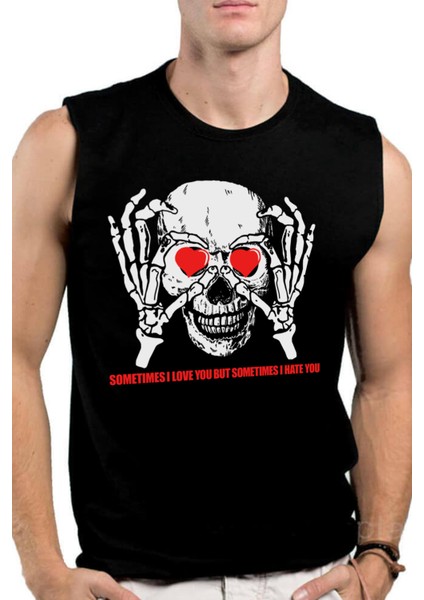 Kalp Gözler Siyah Kesik Kol | Kolsuz Erkek Tshirt | Atlet