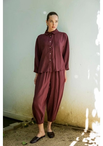 Modal Kumaş Gömlek Pantolon Ikili Takım-Bordo modelleri
