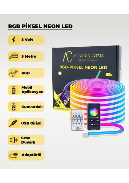 USB Neon Rgb Piksel Şerit LED - Animasyonlu - Sese Duyarlı - 5 Metre (Mobil Aplikasyon - Kumandalı))