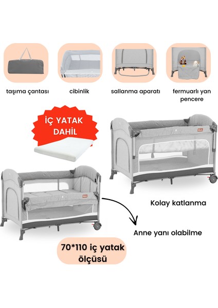 Omega Anne Yanı Sallanır Cibinlikli Oyun Parkı Park Yatak Bebek Beşik 70X110 cm + Yataklı