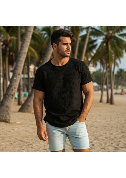 Kısa Kol Müslin Erkek Tshirt, %100 Pamuk, Sertifikalı Kumaş,