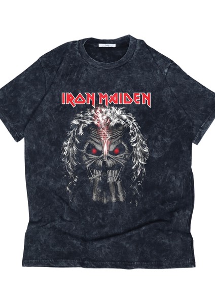 Unisex Iron Maiden Baskılı Vintage Tişört, Oversize Rock/metal Baskılı Yıkamalı T-Shirt