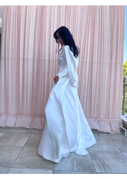 Inci Işlemeli Sırt Detaylı Saten Tesettür Nikah Elbisesi