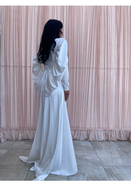 Inci Işlemeli Sırt Detaylı Saten Tesettür Nikah Elbisesi