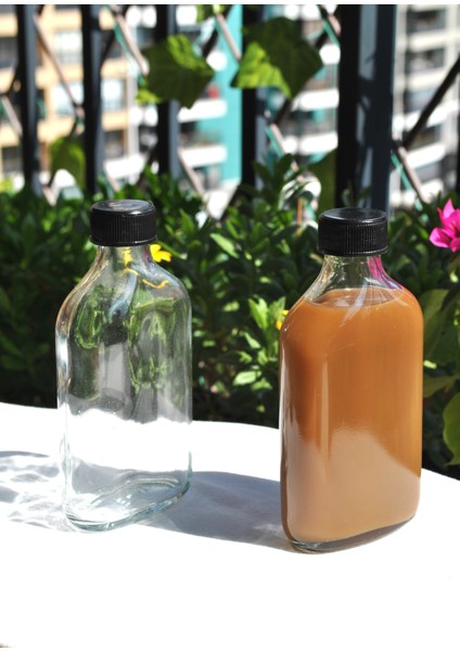 2'li Cam Şeffaf Cold Brew Şişesi Sızdırmaz Siyah Plastik Kapaklı 200 ml Yassı Şişe