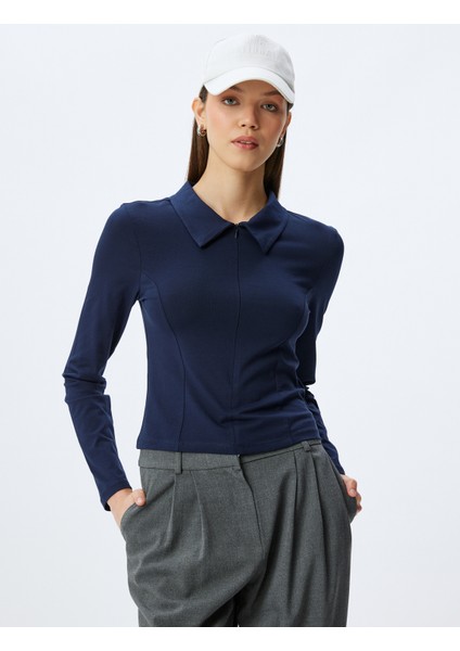 Yeni Sezon Polo Yaka Fermuarlı Dikiş Detaylı Slim Fit Uzun Kollu Tişört