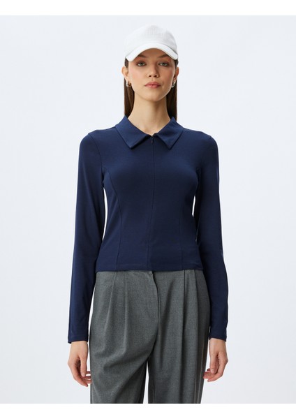 Yeni Sezon Polo Yaka Fermuarlı Dikiş Detaylı Slim Fit Uzun Kollu Tişört modelleri