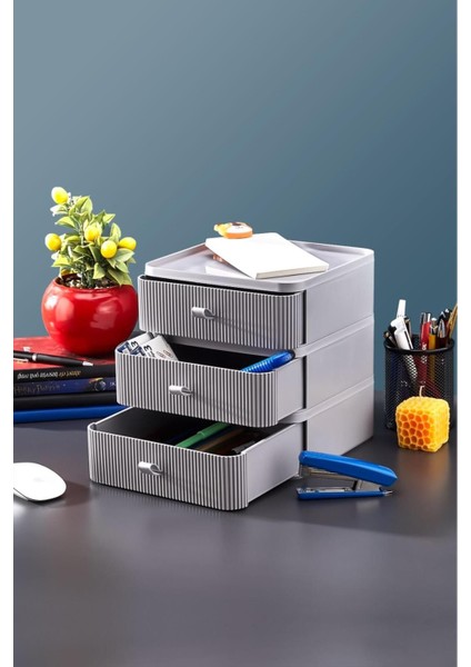 Gri 3'lü Takı ve Kozmetik Düzenleyici Çekmece Seti