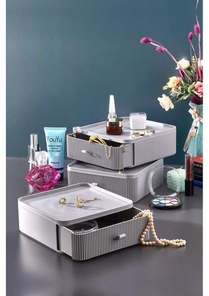 Gri 3'lü Takı ve Kozmetik Düzenleyici Çekmece Seti modelleri