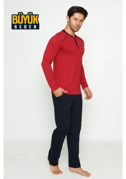 Erkek 3 Düğmeli Pamuk Likra Büyük Beden Uzun Kol Cepli Pijama Takımı