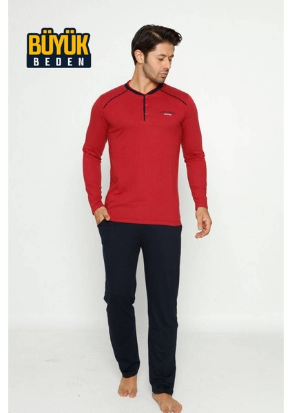 Erkek 3 Düğmeli Pamuk Likra Büyük Beden Uzun Kol Cepli Pijama Takımı modelleri