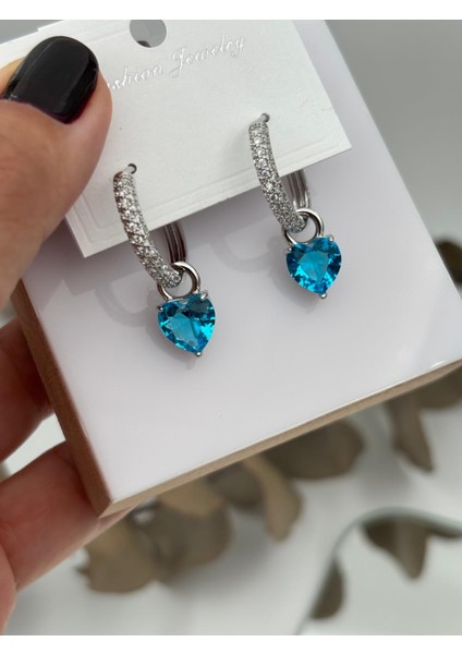 Mavi Kalp Taşlı Küpe