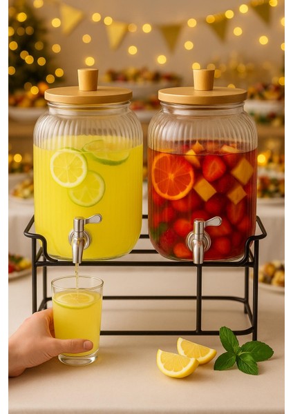 2'li Cam Şerbetlik Seti – Musluklu, Bambu Kapaklı, Standlı Soğuk Içeceklik 3.75 Lt + 3.75 Lt