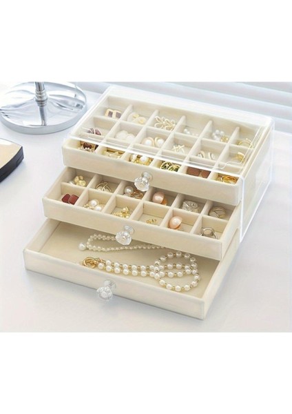 Üç Katlı Şeffaf Kapaklı Takı Organizeri Zarif ve Düzenli Saklama Çözümü Bej