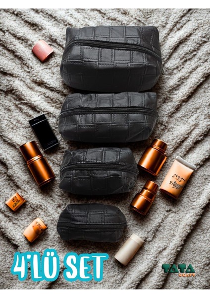 4'lü Çok Amaçlı Siyah Makyaj Çanta Seti, Şık ve Kullanışlı Organizatör