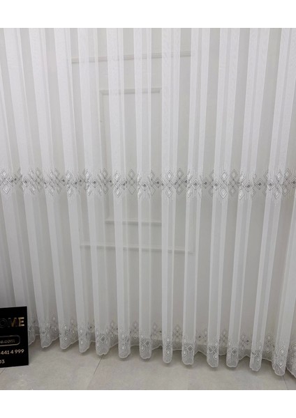 Nivemeshome Luna Geometrik Desenli Gümüş 1/3 Sık Pileli Tül Perde Apm