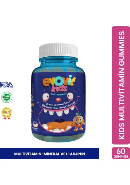 Evo Pharma Evovit Kids Multi Gummies (60 Çiğnenebilir form) Multivitamin ve mineral, L arjinin