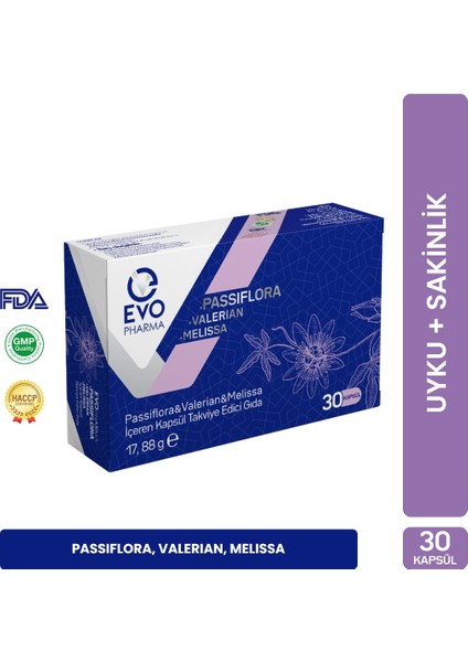 Evopharma Passiflora Valerian Melissa Kapsül Takviye Edici Gıda 30 kapsül