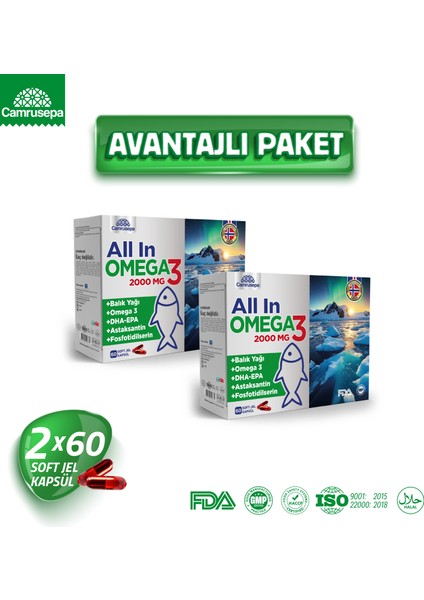 All In Omega 3 2000 mg (2X60 Soft Jel Kapsül) 2 Li Avantaj Paket