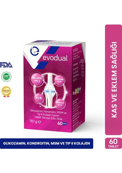 Glikozamin, Kondroitin, MSM ve Tip 2 Kolajen İçeren 60 Tablet Takviye Edici Gıda