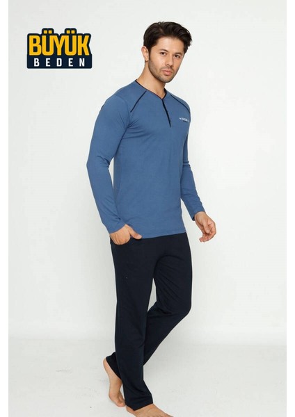 Erkek 3 Düğmeli Pamuk Likra Büyük Beden Uzun Kol Cepli Pijama Takımı