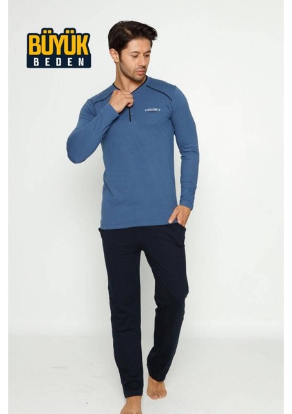 Erkek 3 Düğmeli Pamuk Likra Büyük Beden Uzun Kol Cepli Pijama Takımı modelleri