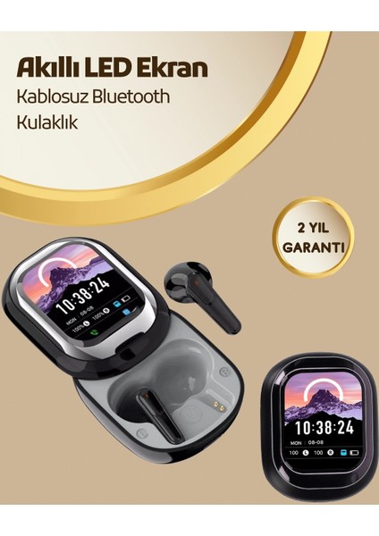 Akıllı Ekranlı Bluetooth 5.4 Kablosuz Kulaklık – Dokunmatik ve Şarj Kutulu