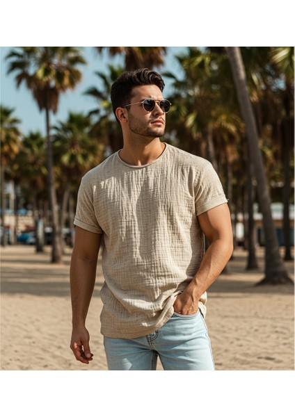 Kısa Kol Müslin Erkek Tshirt, %100 Pamuk, Sertifikalı Kumaş,