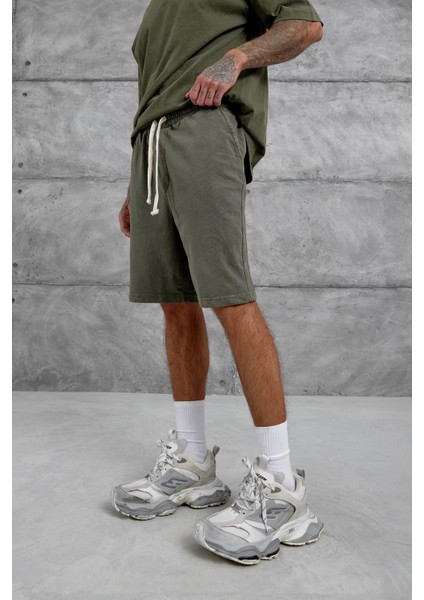 Haki Yıkamalı Oversize Şort