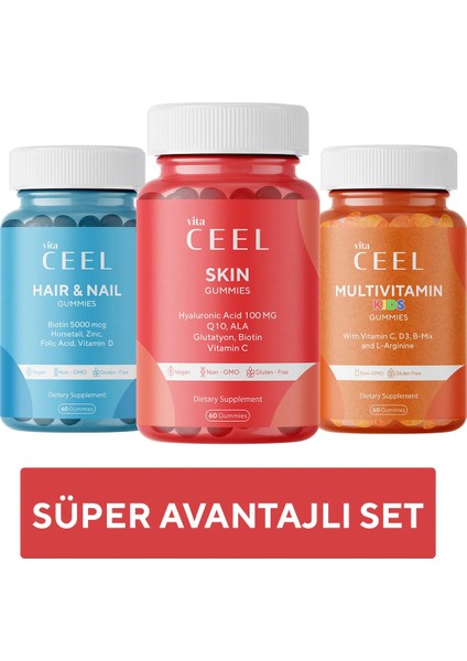 3'lü Cilt , Saç&Tırnak ve Çocuk Gummy Vegan Çiğnenebilir Vitamin