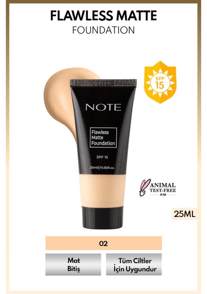 Cosmetics Flawless Matte Foundation SPF 15 Yoğun Kapatıcı Mat Bitişli Fondöten - 02 Orta