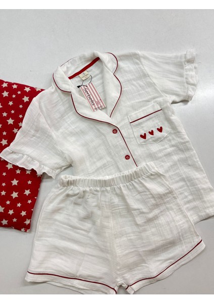 Red Love Beyaz Organik Müslin Şortlu Pijama Takım Pamuk Terletmeyen