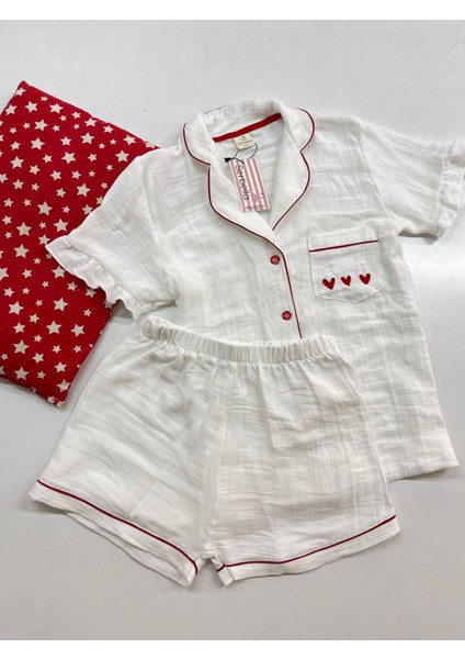Red Love Beyaz Organik Müslin Şortlu Pijama Takım Pamuk Terletmeyen fiyatları