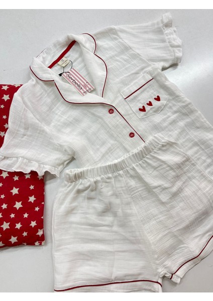 Red Love Beyaz Organik Müslin Şortlu Pijama Takım Pamuk Terletmeyen modelleri