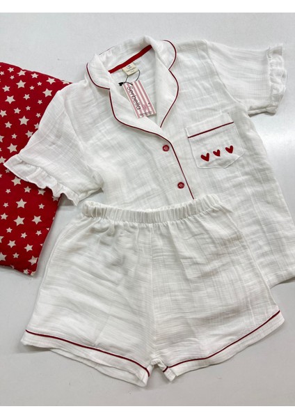Red Love Beyaz Organik Müslin Şortlu Pijama Takım Pamuk Terletmeyen fırsatları