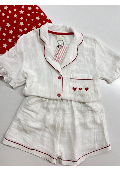 Red Love Beyaz Organik Müslin Şortlu Pijama Takım Pamuk Terletmeyen indirimleri
