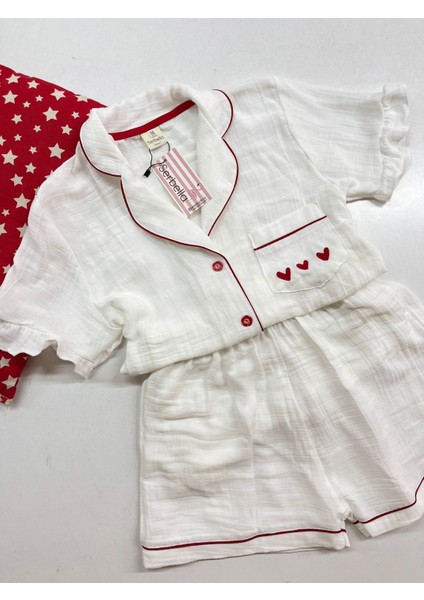 Red Love Beyaz Organik Müslin Şortlu Pijama Takım Pamuk Terletmeyen