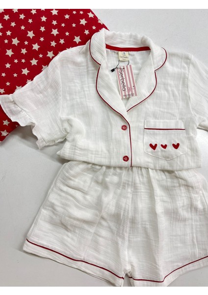 Red Love Beyaz Organik Müslin Şortlu Pijama Takım Pamuk Terletmeyen