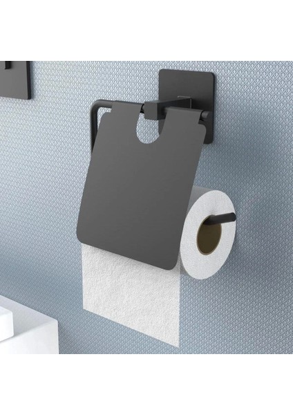 Kendiliğinden Yapışkanlı Siyah Paslanmaz Metal Kapaklı Tuvalet Kağıtlığı Aparatı (5047)