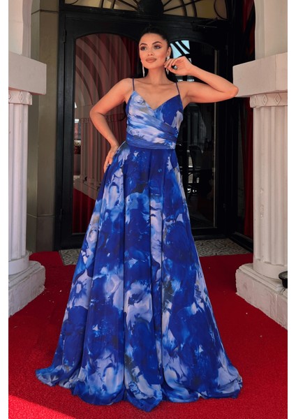 Şifon Desenli Askılı Abiye Elbise - Saks Mavi