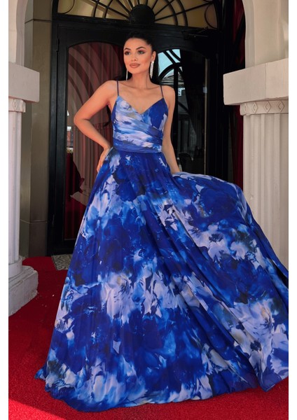 Şifon Desenli Askılı Abiye Elbise - Saks Mavi fiyatları