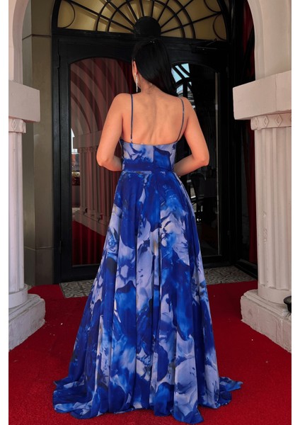 Şifon Desenli Askılı Abiye Elbise - Saks Mavi indirimleri